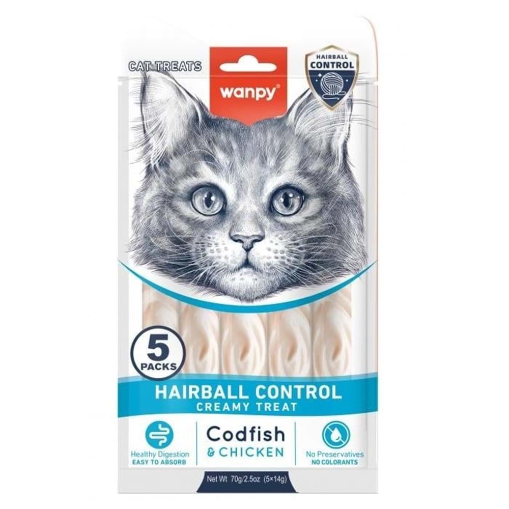Wanpy Hairball Morina Balığı & Tavuk Krema Tüy Yumağı Önleyici Kedi Ödül Maması 5li Paket