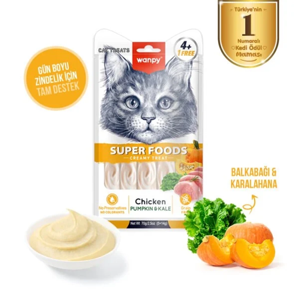 Wanpy Super Foods Tavuklu & Balkabağı & Kara Lahana Krema Kedi Ödül Maması 5li Paket