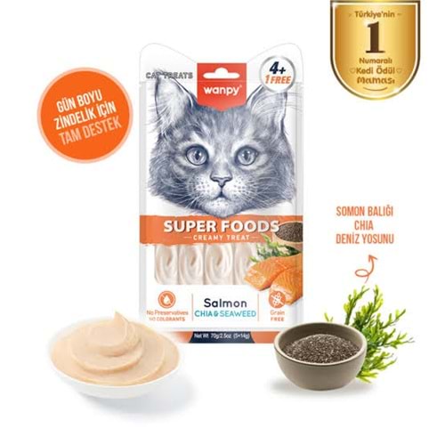 Wanpy Super Foods Somonlu & Chia & Deniz Yosunu Krema Kedi Ödül Maması 5li Paket
